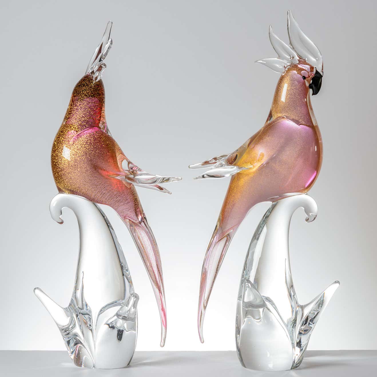 Pair Venetian Glass Exotic Bird Sculptures, Vintage circa 1950 – Devonia