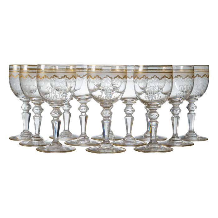 Set of nine Godinger King Louis Pattern Cut Crystal Hock Wine Glasses